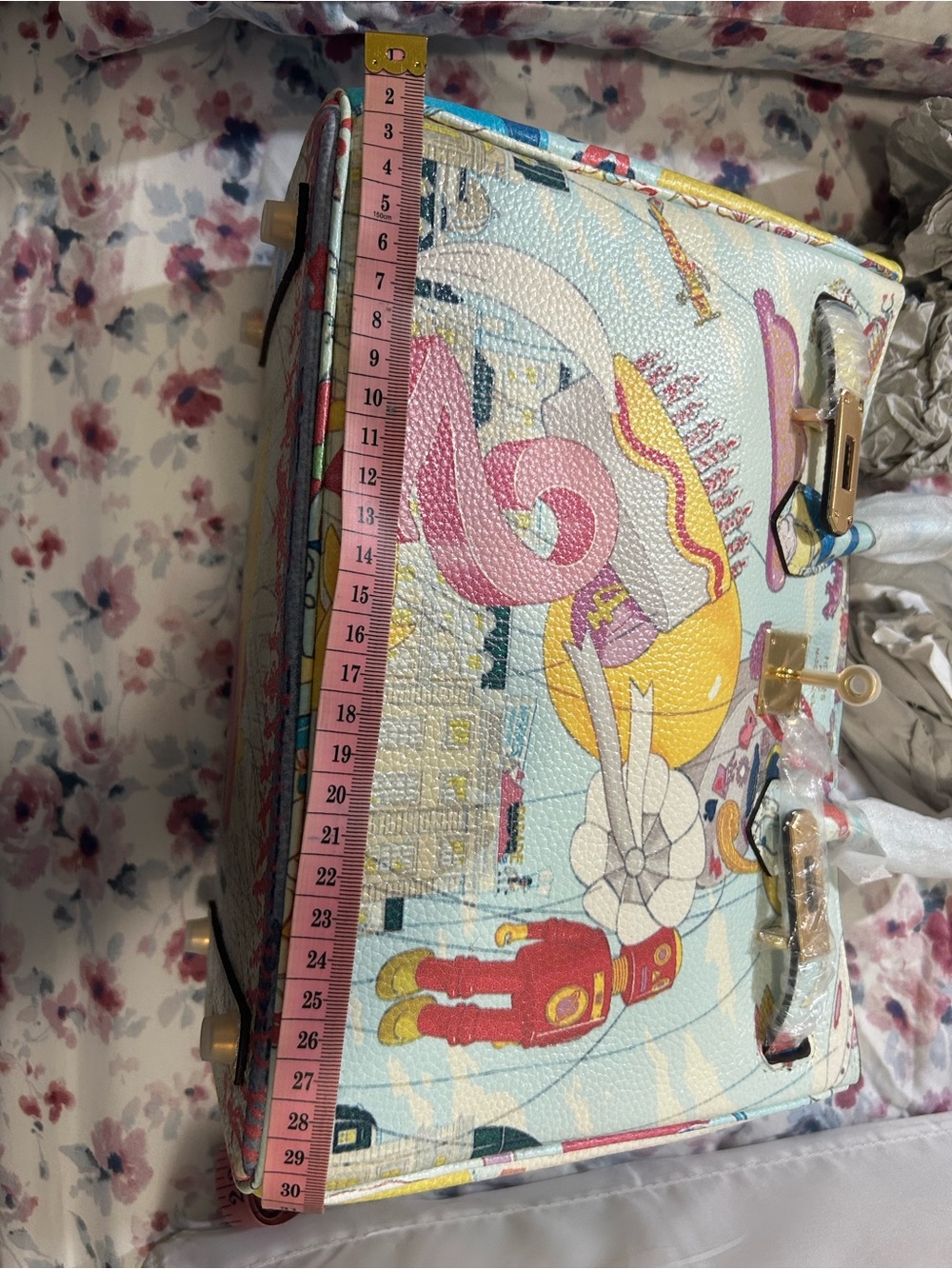 Pastel Illustrated Top-Handle Satchel in Blue, Pink, Yellow - Picture 7 of 9